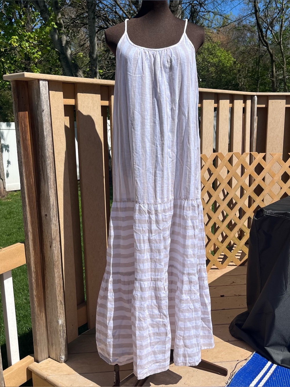 Beach Lunch Lounge Beige & White Striped Linen Blend Tiered Maxi Dress Sz S NEW